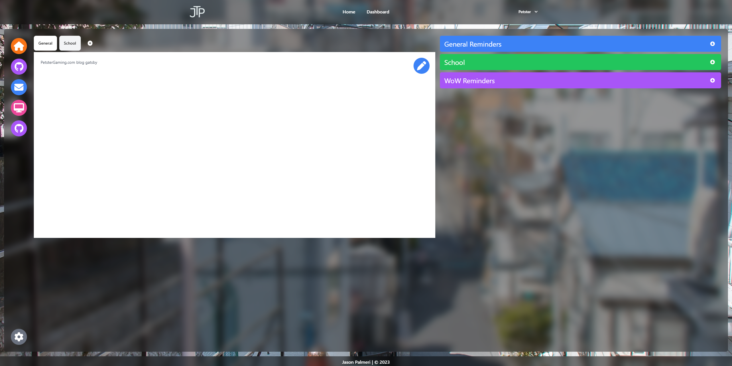 During my classwork at Bellevue, I wanted to learn some Javascript stack, so I picked up the MERN stack<br/><br/>
Over the last 2 years, I've been working on my personal project, to the average person, its just a blank website, but with admin rights its kind of like a notepad/bookmark/reminder app for myself. What I've done here is made it public. Anyone can make an account and use the functions that I've been using for a little while now. <br/><br/>
The site features:<br/>
A notepad block, for messages or reminders that you can take anywhere<br/>
A shortcut system, where you can create links with custom icons (font awesome) and allows for expandable shortcuts<br/>
A reminder system, add reminders with due dates, in specific categories<br/><br/>
The site is still super in progress, and as I continue my education I hope to make it an app that is useful to everyone!
